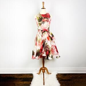 Carmen Marc Valvo silk chiffon floral high low dress pink red green size 2 flaws